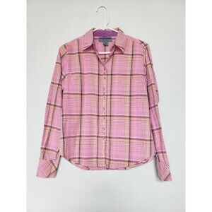 Wrangler Blues Womens Sz M Pink Yellow Plaid Pearl Snaps Front Long Sleeve Shirt